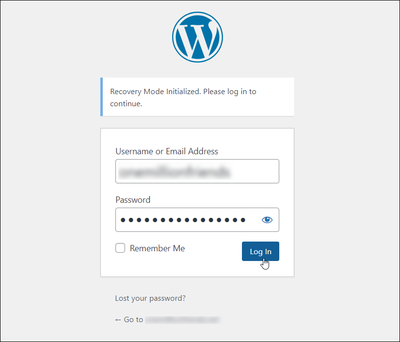 WordPress Login - Recovery mode initialized, Please log in to continue.