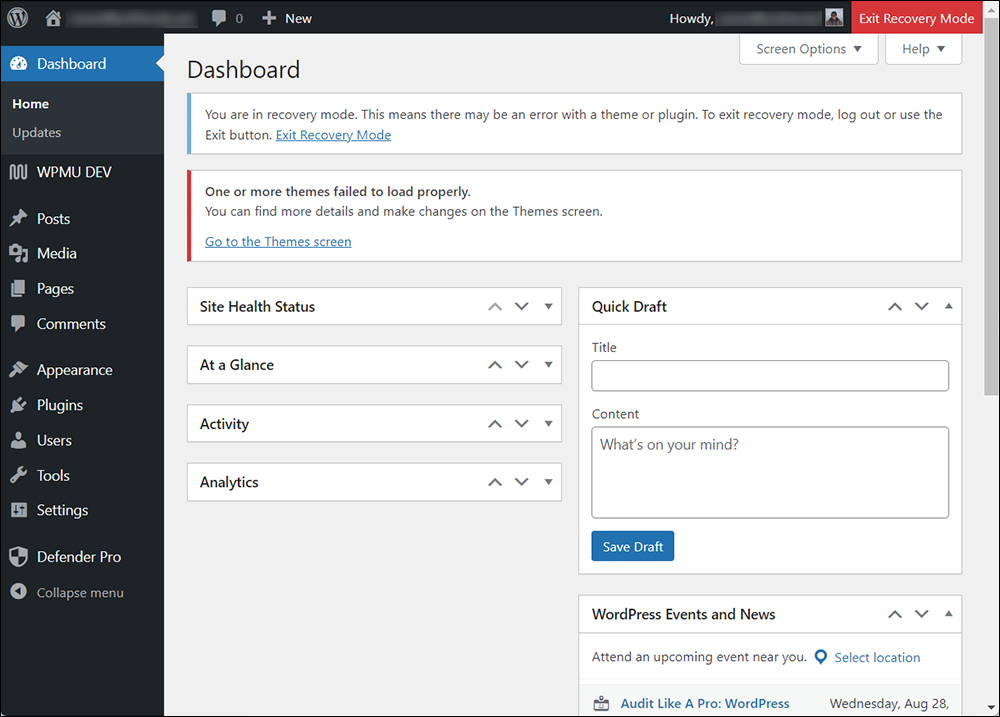 WordPress Dashboard in Recovery Mode.